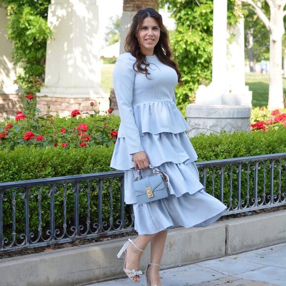 Amalfi Sky Blue Ruffle Tiered Midi Dress Long Sleeve Modest Elegant NWT - Picture 7 of 7